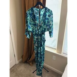 Zara Blue Green Romper open back faux wrap EUC S